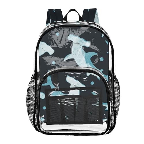 Watercolor Hammerhead Shark Clear Backpack, PVC Transparent School Backpack Lightweight Student Book Bags Capacity Clear Bag - color: Navy Blue