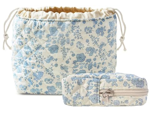 HAPPYHEIDI Floral Quilted Cotton Drawstring Makeup Bag Set 2 Compartment Cosmetic Toiletry Travel Pouch Accessory purse Organizer, Blue Orchids - color: KJM-Quilted Cotton Pouch with Compartment Set of 2- Little Blue Orchid