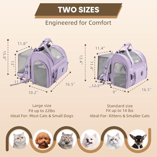Lollimeow Expandable Large Cat Carrier Backpack, Supports up to 14 lbs - color: Lavender, size: 16.5"L x 9.0"W x 13.4"H