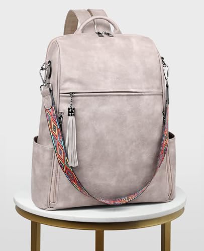 FADEON Laptop Backpack Purse for Women Large Designer PU Leather Laptop Bag, Ladies Computer Shoulder Bags - color: Dark Gray Retro Style