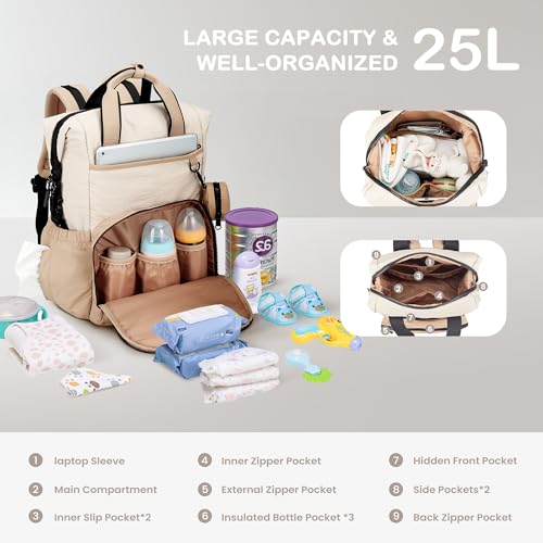 VONAL Diaper Bag Backpack, Lightweight Baby Diaper Bags, Travel Large Diaper Bag with Changing Station, Khiki Diaper Backpack for Boys Girls Newborn with Insulated Pockets, Stroller Straps - color: Khiki