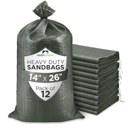 Heavy Duty Sand Bags Pack of 12, Army Green Empty Sandbags with Built-In Ties, Woven Polypropylene UV Protection 1600 Hours, Fillable Bags for Flood Control, Weight, 14x26 inches, 50 Pounds Volume - size: 14"W x 26"L, style: Pack of 12