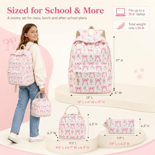 BTOOP School Backpacks for Teen Girls Bookbags Lightweight Kids Backpack School Bags Set with Lunch Box Pencil Case - color: Pink Bow Beige-285