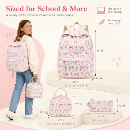 BTOOP School Backpacks for Teen Girls Bookbags Lightweight Kids Backpack School Bags Set with Lunch Box Pencil Case - color: Pink Bow Beige-285