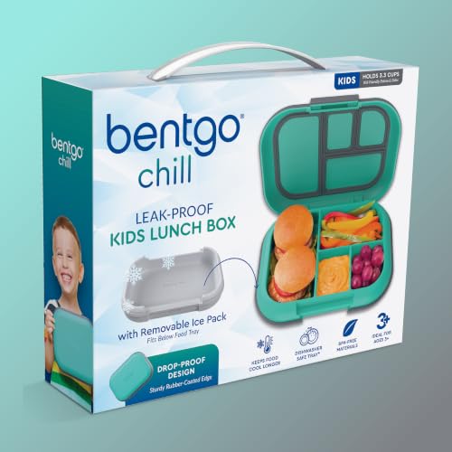 Bentgo Chill Kids Leakproof Lunch Box -4-Compartment Bento Box with Built-In Ice Pack, 3.3 Cup Capacity, BPA-Free, Microwave & Dishwasher Safe Tray, Ages 3–7 (Electric Aqua) - color: Electric Aqua