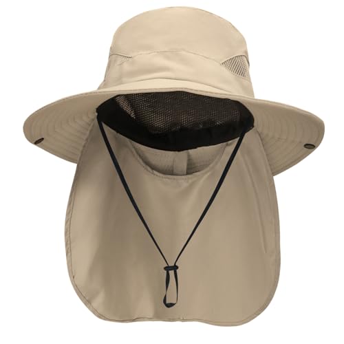 NPQQUAN Sun Hats for Men Women with Neck Flap UPF 50+ UV Protection Wide Brim Bucket Hat Safari Hiking Fishing Hats - color: Khaki（neck Flap）