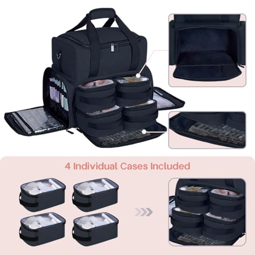 Large Cosmetic Bag with 4 Removable Case and 2 Removable Dividers Double Layer Travel Storage Organizer, Makeup Brushes Storage Section Black - color: Black 22