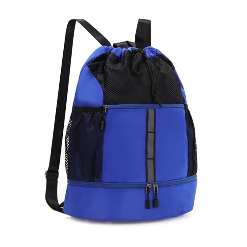 Valleycomfy Drawstring Gym Bag Sports Backpack With Shoe Compartment and Reflective Strips Royal Blue - color: Royal Blue