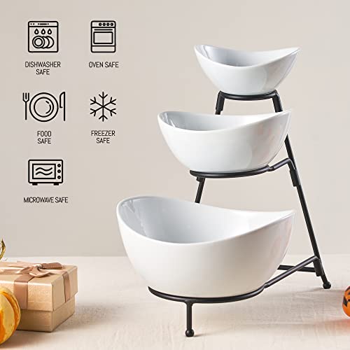 LYEOBOH 3 Tier Serving Bowls Set with Collapsible Thicker Metal Stand, Oval Serving Dishes for Entertaining Tiered Serving Stand for Fruit, Dessert, Candy, Chip and Dip (Black) - color: Black, style: Oval bowls