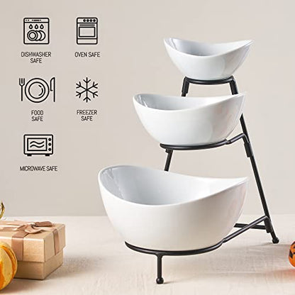 LYEOBOH 3 Tier Serving Bowls Set with Collapsible Thicker Metal Stand, Oval Serving Dishes for Entertaining Tiered Serving Stand for Fruit, Dessert, Candy, Chip and Dip (Black) - color: Black, style: Oval bowls