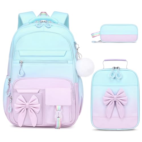 DIGOBAY Backpack for Girls, 3PCS Girls Backpack for School with Lunch Bag Pencil Case, Cute Kids Teens Bookbag for Kindergarten Elementary Preschool Middle School - color: Gradient Blue-purple