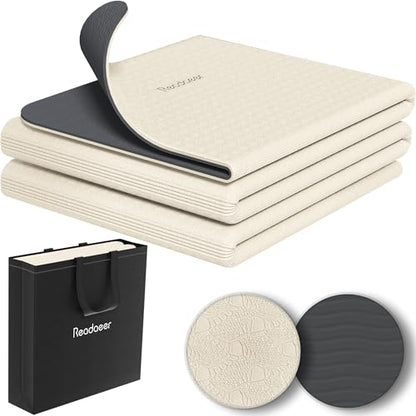 Readaeer Foldable Yoga Mat for Travel Folding Yoga Mat 6mm Thick with Carrying Bag, Non-Slip TPE Exercise Pilates Mat for 72" L x 24" W x 0.24 Inch - color: Beige