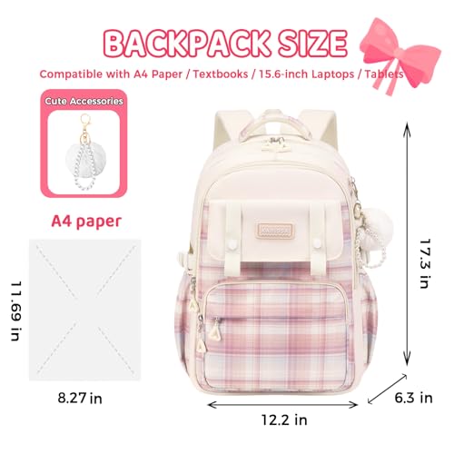 Cute Backpack for Girls, Large Capacity Kids Bookbag for Elementary Middle School Students Waterproof Kawaii Preppy Aesthetic Plaid Backpack Age 4-16 with Cute Accessories (Blue) - color: Blue