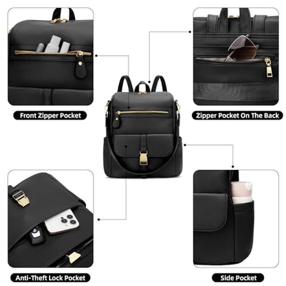 KKXIU Backpack Purse for Women - Multi-pocket Leather backpack for Travel, Work & School with Anti-Theft Lock Pocket, Luggage Strap & Water Bottle Pockets - 13x14x5.2 Inch, 1.67lb (Black) - color: Black