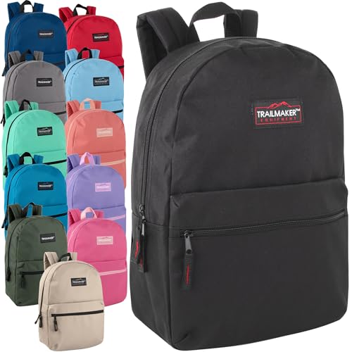 Trail maker 24 Pack- Classic 17 Inch Backpacks in Bulk Wholesale Back Packs for Boys and Girls (Assorted 12 Colors Pack) - color: Assorted 12 Colors Pack