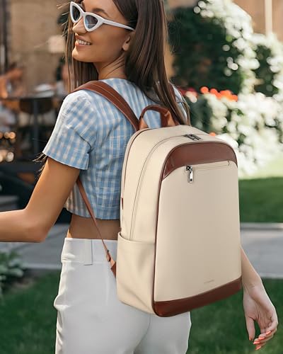 MASINTOR 15.6 inch Leather Laptop Backpack Purse for Women, Designer Travel and Work Bag with Laptop Compartment Beige Brown - color: Beige Brown