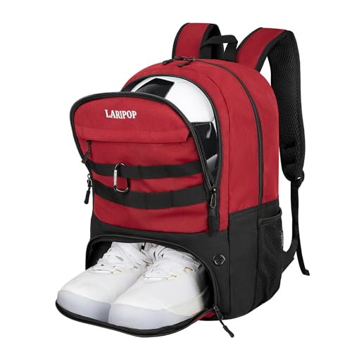 LARIPOP Soccer Backpack with Ball Holder & Shoe Compartment Large Capacity Sports Bag for Training - color: Dark red