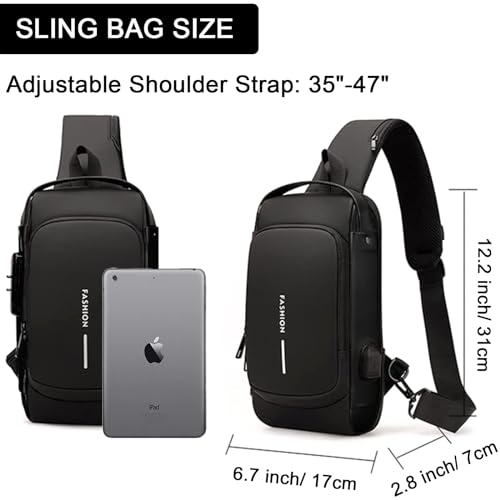 Sling Bag for Men Anti-theft USB Crossbody Shoulder Backpack Purse Waterproof PU Leather Chest Bag Travel Daily Use - color: Black