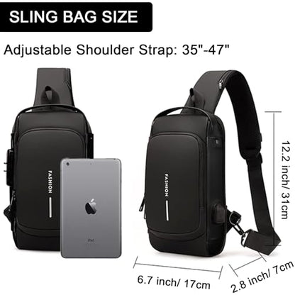 Sling Bag for Men Anti-theft USB Crossbody Shoulder Backpack Purse Waterproof PU Leather Chest Bag Travel Daily Use - color: Black