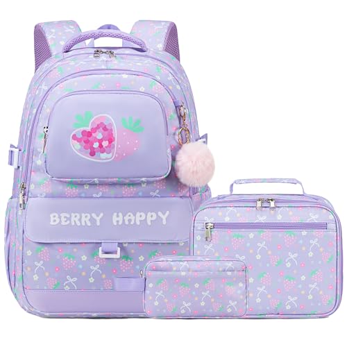 Makukke Girls School Backpack Set, Cute Strawberry Bag with Lunch Box & Pencil Case, Lightweight Durable Bookbag for Elementary Middle - color: Strawberry-Purple