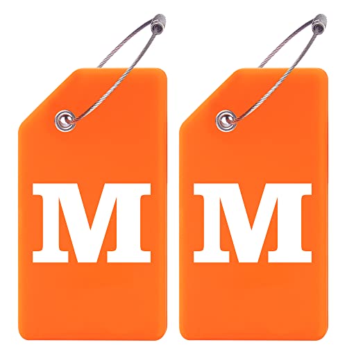 Gostwo 2 Pack Silicone Luggage Tags for Suitcases, 26 Initial Letter Baggage Labels Handbag School Bag Suitcase Instrument Tag with Stainless Steel Loop(Orange)(Letter M) - color: Orange, size: M