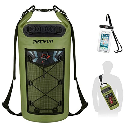 Piscifun Dry Bag, Waterproof Floating Backpack 10L/20L/30L/40L with Waterproof Phone Case for Boating, Kayaking, Fishing - color: Army Green, style: 10l