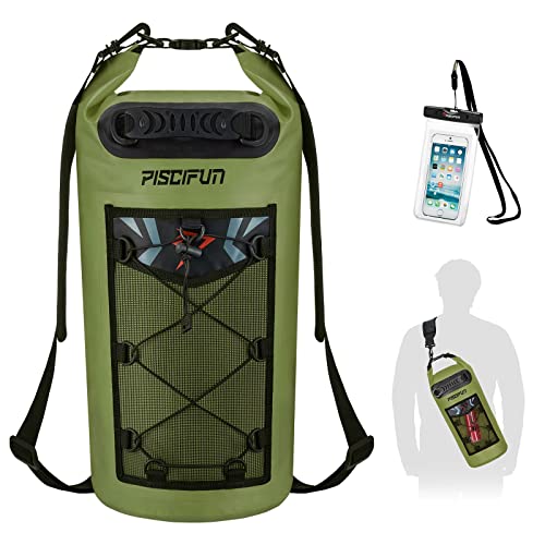 Piscifun Dry Bag, Waterproof Floating Backpack 10L/20L/30L/40L with Waterproof Phone Case for Boating, Kayaking, Fishing - color: Army Green, style: 10l