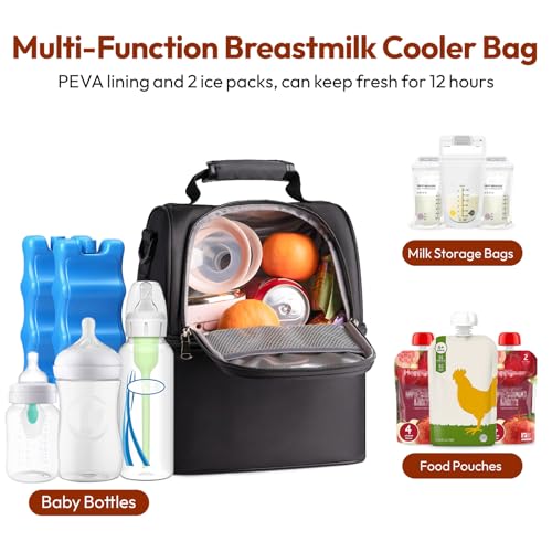 NCVI Breastmilk Cooler Bag with 2 Ice Pack, Breast Pump Bag with Cooler Fits 6 Bottles, Double Layer Breast Milk Travel Bag Baby Bottle, for Travel, Nursing Mom Daycare, Work, Picnic (Black) - color: Black