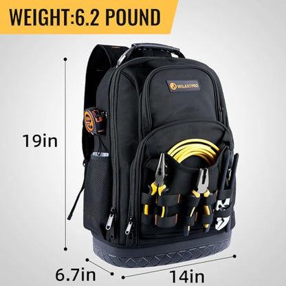 Tool Backpack Heavy Duty, Tool Bag Backpack for Men Waterproof Oxford Fabric with Plastic Base, 19IN Large Capacity with 44 Pockets, Padded Back & Straps for All Worksite Environments