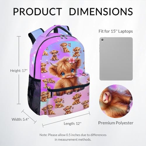 Highland Cow Backpack for Girls Kids School Bookbag for Elementary Middle School, 17 Inch Polyester Cow Pattern Student Book Bag with Padded Shoulder Straps - color: Purple