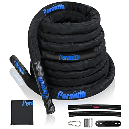 Perantlb Battle Rope With Wear-Resistant Nylon Protective Sleeve - Heavy Battle Rope for Strength Training, Home Fitness Exercise - Anchor Strap Kit Included - style: 1.5" x 50 ft Length