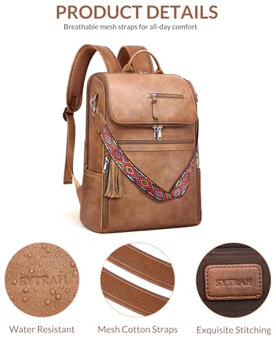 SYTRAH Leather Laptop Backpack for Women Designer Laptop Bag, 16.5 inch Travel Computer Backpacks Purse with Tassel for Work Business with Satchel Purse Brown - color: Brown