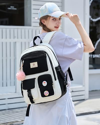 Hidds Laptop Backpacks 15.6 Inch School Bag Elementary Middle High College Backpack Cute Bookbags Anti Theft Travel Back Pack Casual Daypack Kids Book Bag for Teens Girls Women Students-Black Beige - color: Black Beige