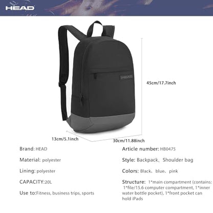 HEAD Waterproof College Backpack for Women & Men, Lightweight Casual Daypack with 15.6 Inch Laptop Compartment, Compact Basic Bag with Inside Water Bottle Pocket for Sport, Fitness, Daily Use - color: Navy