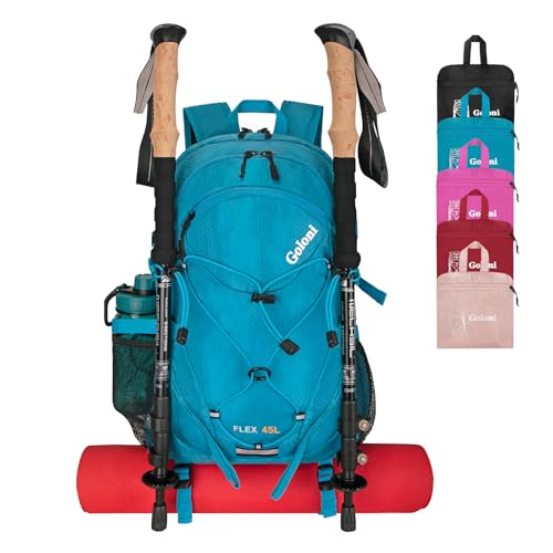 Goloni 45L Hiking Backpack Lightweight Foldable, Waterproof Camping Backpack with Rain Cover & Hiking Pole Mat Carrying System, Ergonomic Water Resistant Daypack for Trekking Travel Men Women Blue - color: Blue