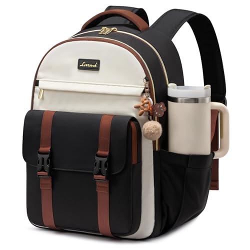 LOVEVOOK School Backpack for Teen Girls, Cute Student Backpack Purse Kid Bookbag for 8-17 Teenage, Back to School Backpacks Fit 15.6 Inch Laptop, College Travel Bag with Large Water Bottle Holder - color: Black-beige-brown, size: 15.6 Inch