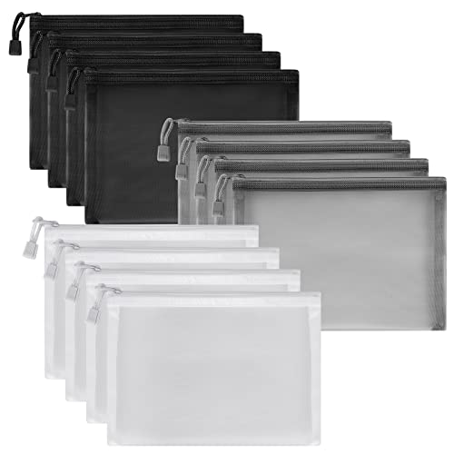 12 Pieces Zipper Nylon Mesh Pouch, Mesh Cosmetic Bags Makeup Bags Pencil Case, Multipurpose Travel Bags for Cosmetic School Office Supplies and Travel Accessories (Black,White,Grey, A5) - color: Black,White,Grey, size: A5