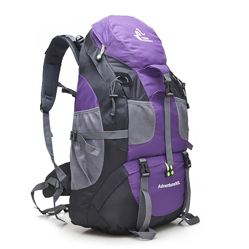 Bseash 50L Hiking Backpack, Water Resistant Lightweight Outdoor Sport Daypack Travel Bag for Camping Climbing Skiing Cycling (Purple - No Shoe Compartment) - color: Purple - No Shoe Compartment
