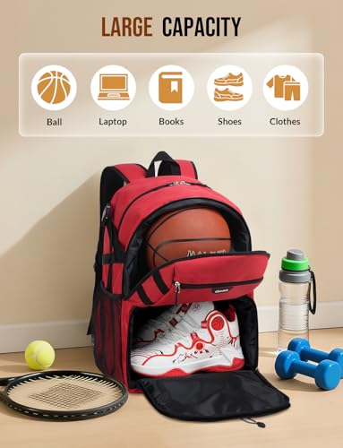 Basketball Backpack with Shoe Compartment Large Basketball Bag with Ball Holder for Men Women Gym Backpack fit Volleyball Football for Sports Travel Gym - Red - color: Red