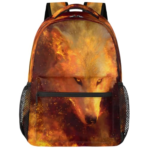 Wolf Kids Backpack for Girl Boy Waterproof Kids Back Pack | Animal Fire School Bookbag fit Women Men Lightweight Rucksack Casual Daypack Carry On Bag for Work Hiking Camping Gym Travel - color: Animal Wolf Fire