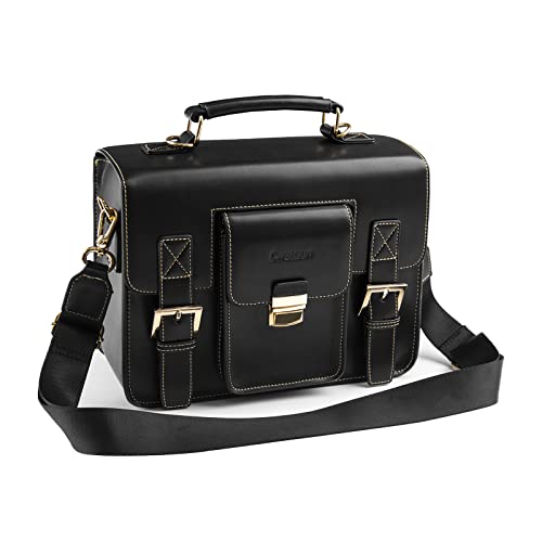 Cwatcun 3-in-1 Retro Camera Bag, PU Leather Camera Crossbody/Backpack/Case - color: Black, size: Small