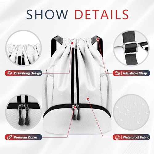 PinCute Drawstring Backpack for Women Men, Gym Bag for Soccer, Basketball, Swim, Beach, Water-Resistant Sports Backpack with Wet Pocket and Shoe Compartment, White - color: White