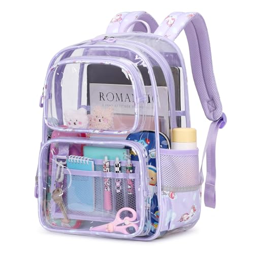 Sisipoet Clear Backpack for Girls, Heavy Duty PVC Transparent Bookbag for School with Unicorn Print, Stadium Events and Concert Backpacks, Purple - color: Purple/Unicorn