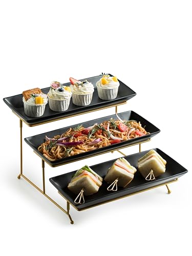 LYEOBOH 3 Tier Serving Tray Set, Tiered Serving Stand with Platters, Serving Dishes for Entertaining Halloween Christmas Party, Collapsible Sturdier Stand & 14 Inch Large Platters for Food Display - color: Black, style: 14inch Rectangle platter