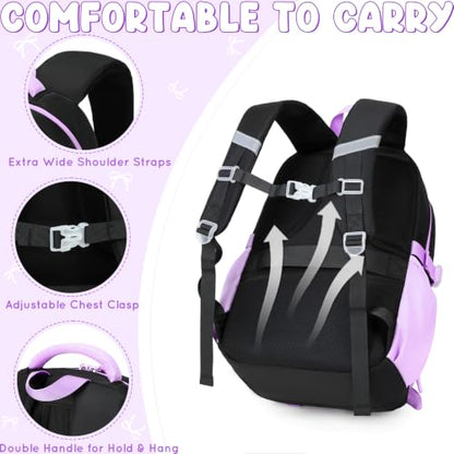 Kids Backpack for Girls, 3PCS School Backpack Set with Insulated Lunch Box & Pencil Case, Waterproof Lightweight Bookbag for Elementary & Middle School, Cute Bow Travel Daypack Black-Purple - color: Black-purple