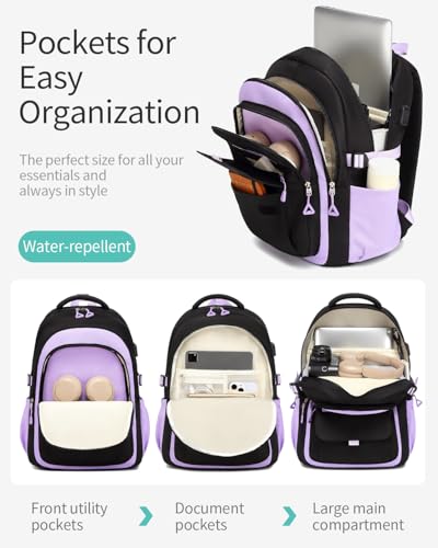 Cute Backpacks for Girls, Teens Aesthetic High School Laptop Backpack College Student Women Bookbag, Mochilas Escolares para Niñas, Black Purple - color: Black Purple, size: 15.6in