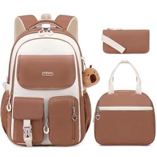 DIGOBAY Backpacks for Girls, 3PCS School Backpack with Lunch Box Pencil Pouch for Teen Girls Kids Elementary Primary Middle High College Travel School bag Bookbag Set （Brown - color: Brown