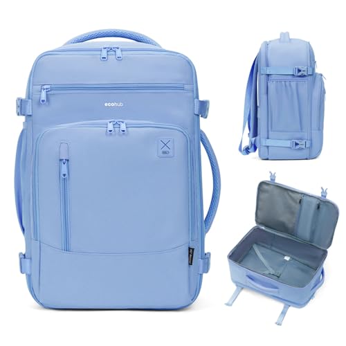 ECOHUB 17" Small Travel Backpack, United Airlines Personal Item Bag 17x10x9 with 16 Pockets, Water Resistant Rucksacks Fit 15.6" Laptop, AirTag Pocket, Lightweight Casual Daypack, 25L, Light Blue - color: Light Blue, size: 17 inch underseat