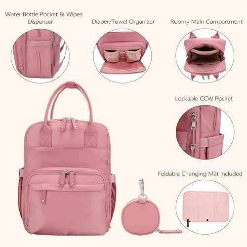 JESSIE & JAMES BeBe CCW Diaper Bag Nylon Backpack Multi Function Diaper Bag with Changing Pad & Stroller Straps_Mauve/Mauve - color: Mauve/Mauve