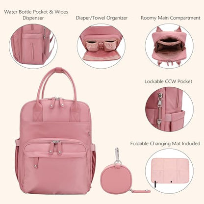 JESSIE & JAMES BeBe CCW Diaper Bag Nylon Backpack Multi Function Diaper Bag with Changing Pad & Stroller Straps_Mauve/Mauve - color: Mauve/Mauve